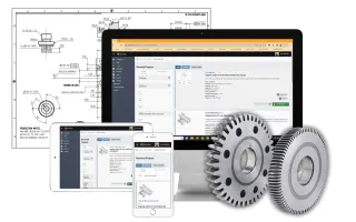 Laptop, tablet and smartphone displaying an RFQ platform interface with two precision steel gears in front, set against engineering drawings background.