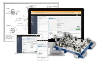 Laptop, tablet and smartphone displaying the Qimtek RFQ platform interface with precision press tooling assembly in front, set against engineering drawings background.