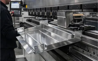 Black-overall operator using a press brake to form a stainless steel sheet metal enclosure in a fabrication workshop, with the folded enclosure section positioned under the tooling.