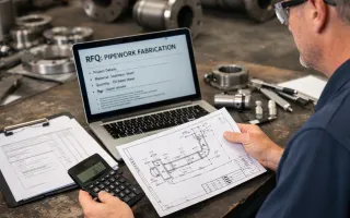 Engineer reviewing a pipework fabrication quote at a workshop bench, using a laptop, calculator and technical drawing beside stainless steel pipe fittings and flanged components.