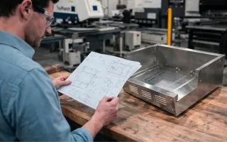 Engineer reviewing enclosure drawings over the workbench in a factory, with a stainless steel sheet metal enclosure beside him and production machinery in the background.