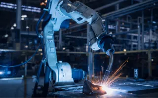 Industrial robotic welding arm fusing a metal component, with blue ambient lighting and orange sparks highlighting precision automated welding in a factory setting.