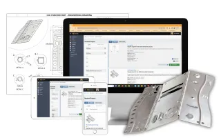 A desktop monitor, tablet, and smartphone display the Qimtek manufacturing quotation platform in front of a CNC punched part and an engineering drawing.