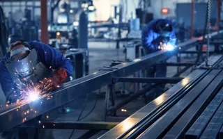 Two welders fabricating long steel sections in an industrial workshop, with bright welding sparks, cool blue lighting, and metal beams aligned on workbenches in the foreground.