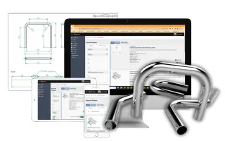 Qimtek platform displayed on desktop, tablet, and mobile devices for managing manufacturing projects, alongside polished bent metal tubes with a technical drawing in the background.