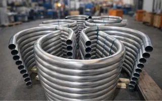 Stacks of polished stainless steel tube bends arranged on pallets in a factory, with a blurred workshop background featuring subtle blue and orange lighting tones.