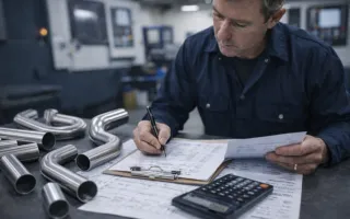 Engineer reviewing technical drawings and calculations at a workbench with stainless steel tube components and a calculator in a modern machining workshop.