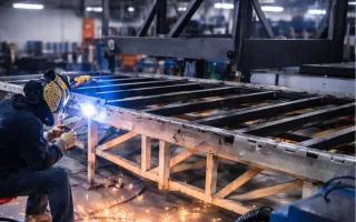 Welder seated on a stool fabricating a large steel frame in a workshop, with bright blue arc light and orange sparks illuminating the industrial environment.