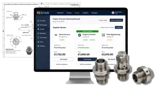 Qimtek quote comparison platform showing multiple prices and lead times from UK manufacturers, alongside an engineering drawing and precision-machined stainless steel components.