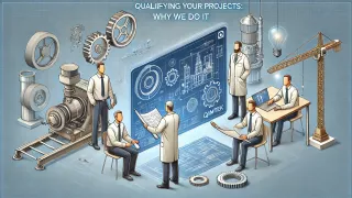 Engineers and technicians collaborating over blueprints in a manufacturing setting, with precision machinery in the background and a digital interface symbolising Qimtek’s role in connecting buyers and suppliers. The image highlights the sourcing of custom parts and professional project management in the manufacturing industry, emphasising trust and technology.