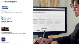 Qimtek supplier directory showing verified UK engineering suppliers alongside a user reviewing supplier profiles on screen