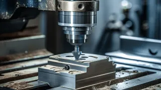 Close-up of a CNC milling machine spindle machining a metal workpiece clamped in a vise, with metal shavings on the machine bed.