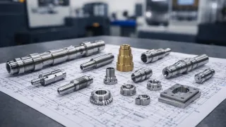 A selection of precision sliding head turned components made from stainless steel and brass are arranged on detailed engineering drawings in a modern machine shop. The parts include long slender shafts, threaded fittings, stepped pins, and small precision-turned components, with blurred CNC machinery visible in the background.