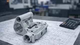 Complex multi-axis CNC machined aluminium component on engineering drawings with a calculator, blurred machine shop in background.