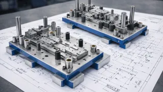 Two precision steel press tool assemblies mounted on blue bases positioned on top of detailed engineering drawings in a workshop setting.