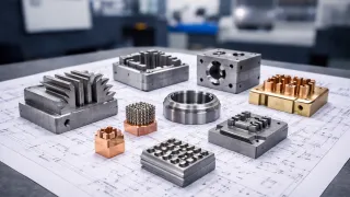 Selection of precision EDM spark eroded steel and copper components displayed on engineering drawings in a modern machine shop.