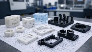 Machined plastic components in white, black and translucent materials arranged on engineering drawings, with a blurred CNC machine shop in the background.