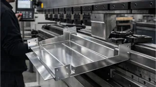 Black-overall operator using a press brake to form a stainless steel sheet metal enclosure in a fabrication workshop, with the folded enclosure section positioned under the tooling.