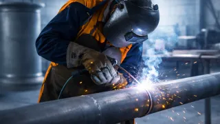 Welder in protective gear fusing a metal pipe, with bright sparks and blue-tinted smoke in an industrial workshop.