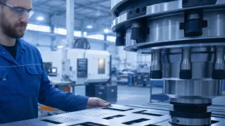 A bearded factory worker in blue overalls stands beside a CNC punching machine, guiding a perforated metal sheet in a workshop with a light blue tint.