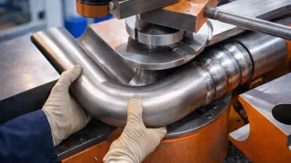 Close-up of a stainless steel tube being bent on an industrial machine, with a worker’s gloved hands guiding the pipe against orange tooling in a modern workshop.